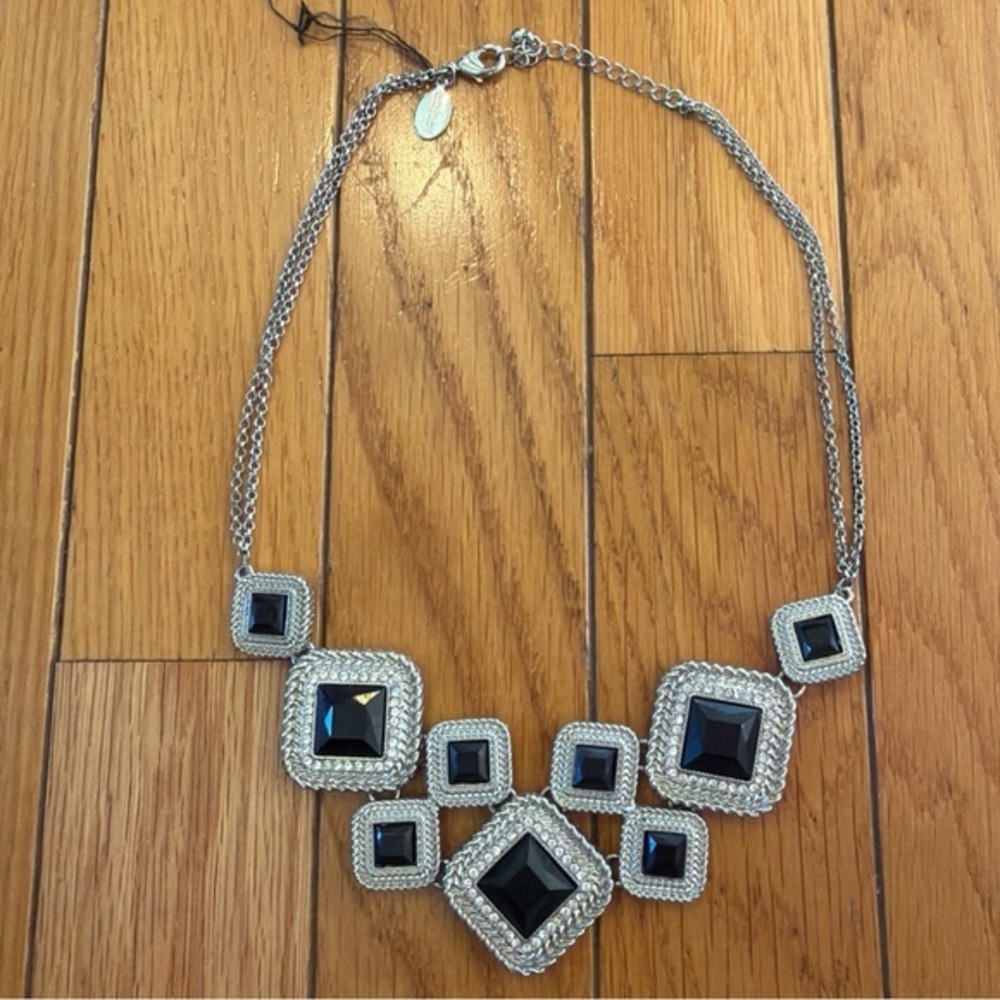 White House Black Market WHBM Smoky Grey Faceted Rhinestone Mesh Necklace Silver
